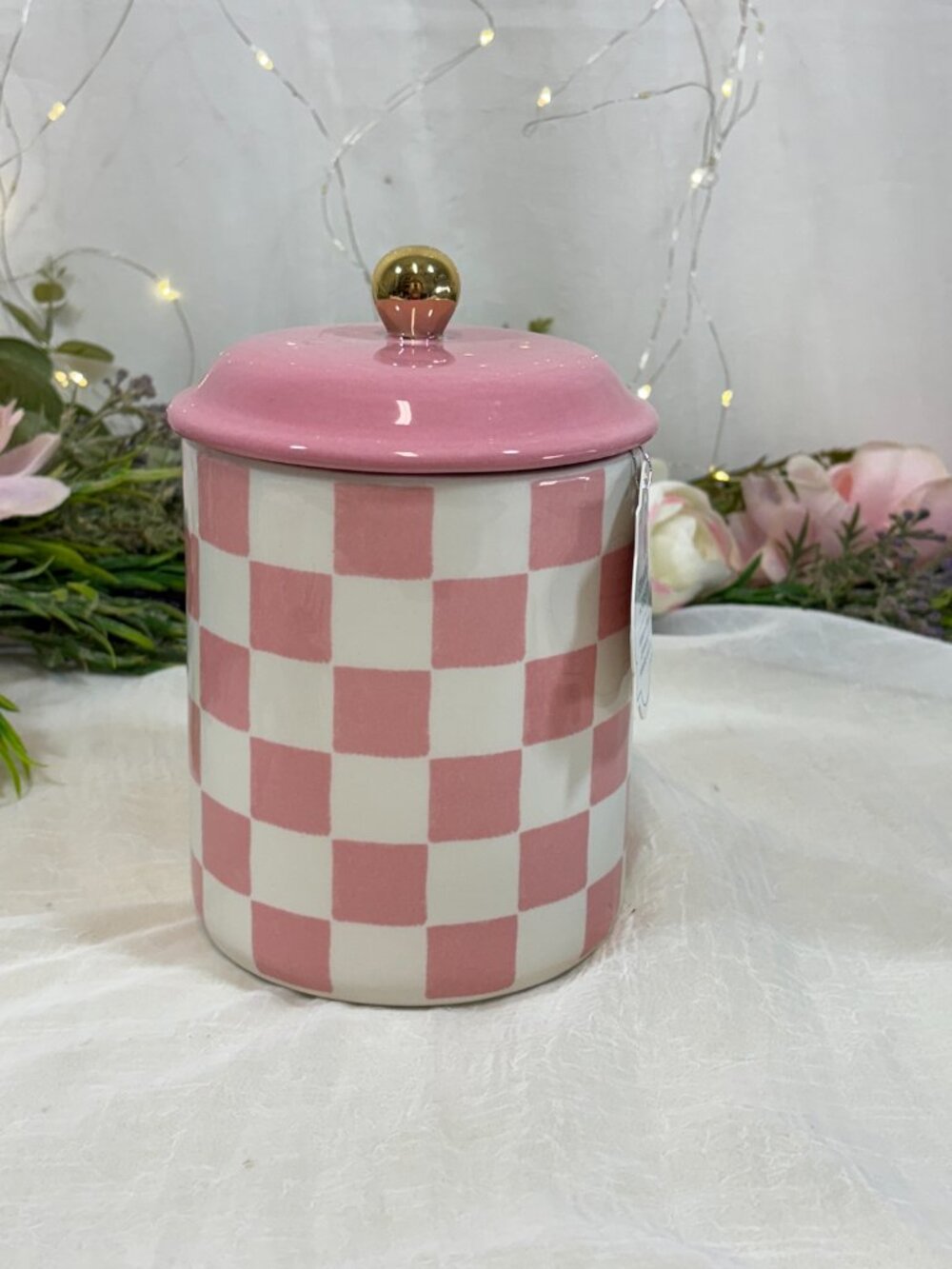 Pink and White Checkered Ceramic Canister Jar Courtly Check Gold Knob New - Picture 5 of 7